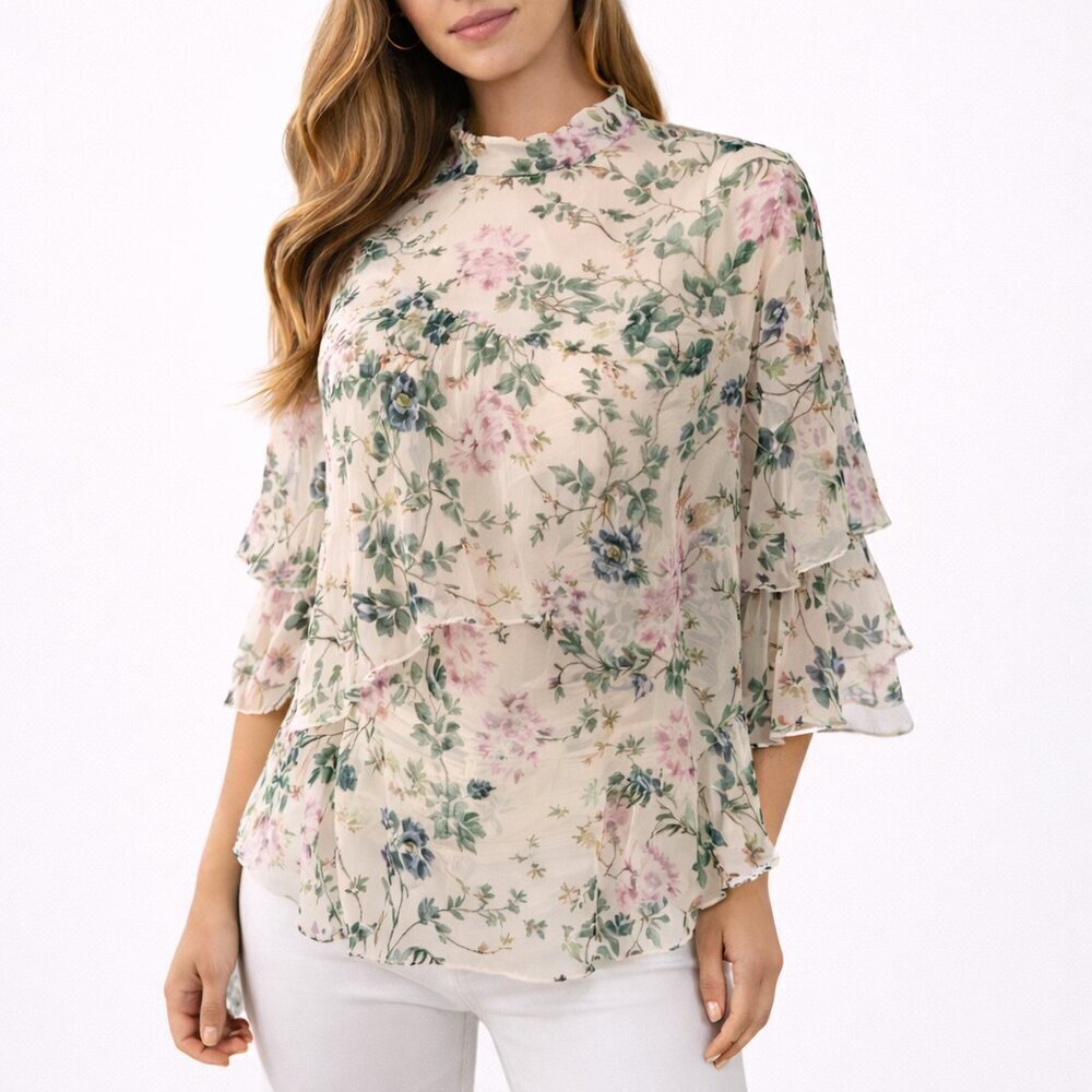 Anthropologie Hemant & Nandita Floral Blouse S Chiffon Mock Neck Boho
